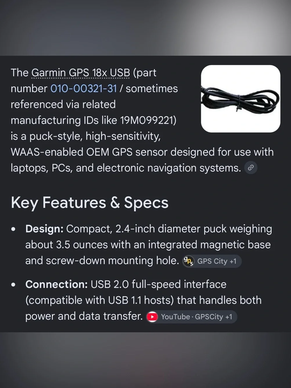 garmin GPS 18x USB Receiver - Black and Silver Cable